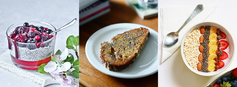 Chia pudding, toast with nut butter and chia seeds, and a bowl of oats with fruit - sources of fatty acids