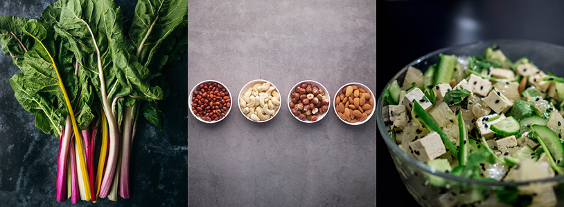 Rainbow chard, bowls of nuts, tofu salad - sources of zinc and iron