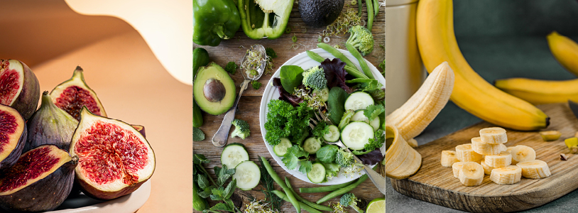 Figs, leafy green salad and banana - sources of magnesium